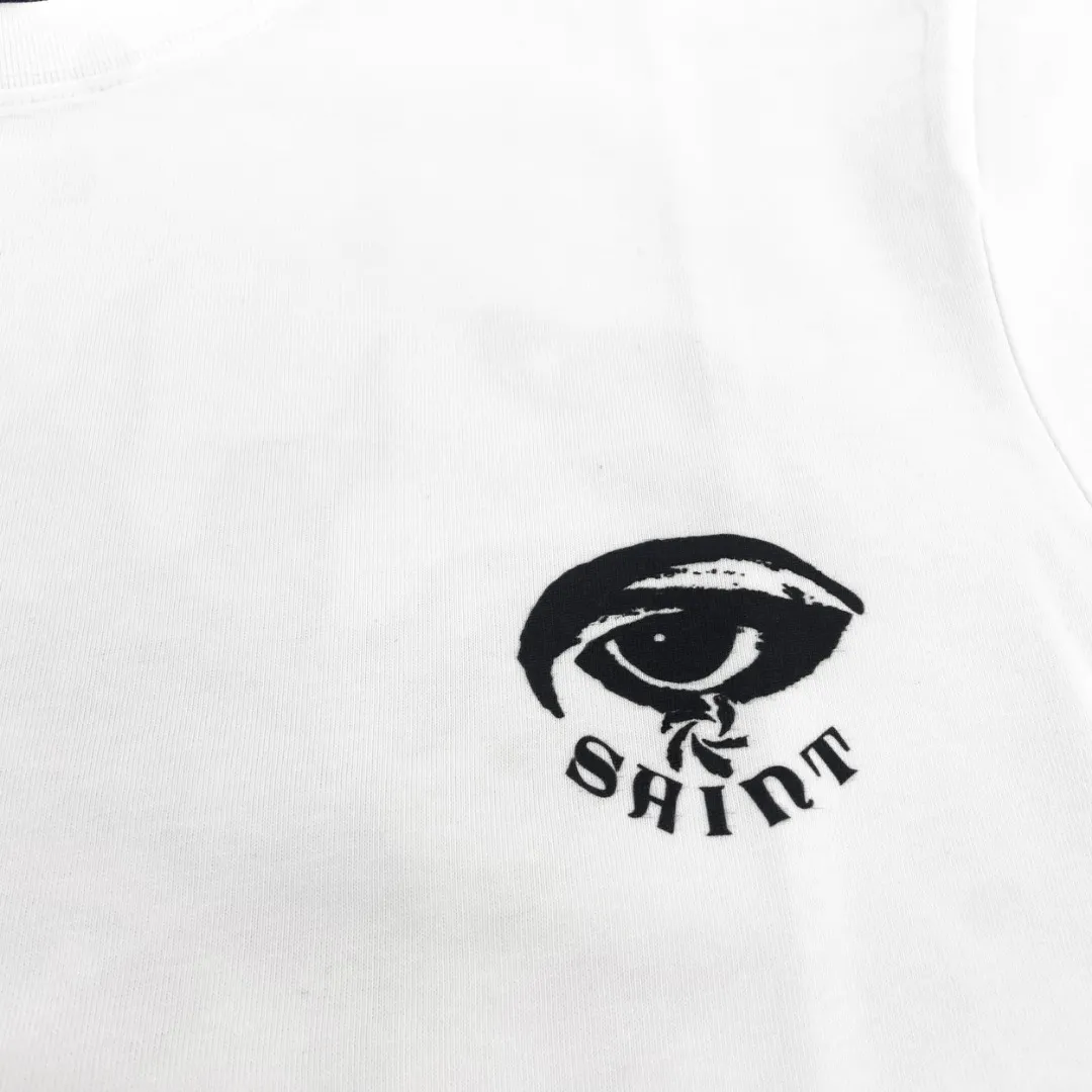 Stylish brand Saint michael 25FW God's Eye print distressed retro loose short-sleeved T-shirt. Digital white ink direct printing. The fabric is breathable and the pattern is three-dimensional and clear. Fabric: Double yarn 240g Style number: S930 Size: S-M-L-XL Color: White Price: P110